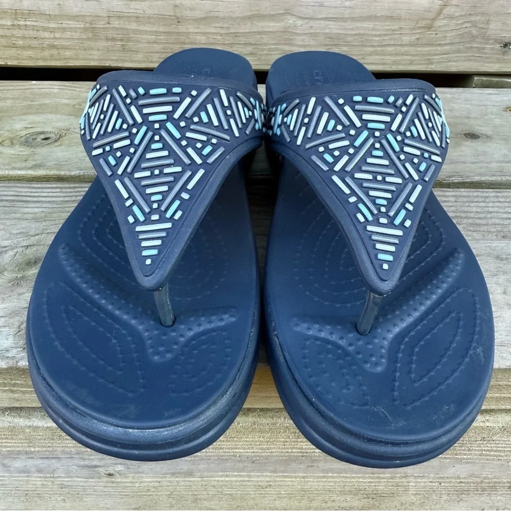 CROCS Blue Wedge Thong Sandal Beaded Monterey Flip Flop 206851 Gray Platform 11